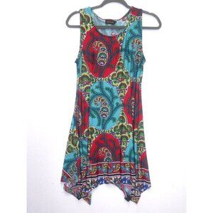 Reborn Womens dress paisley teal red Sz M Asymmetrical Sleeveless Multicolor EUC